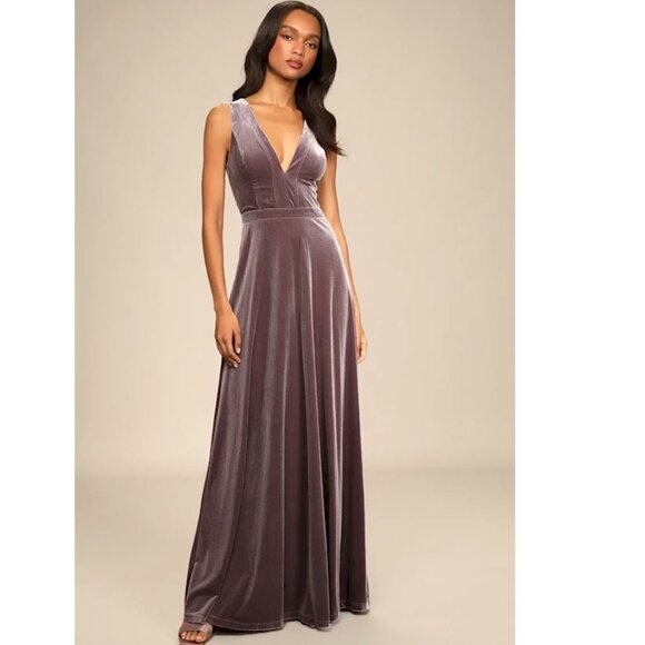 Lulus Beautiful Night Dusty Gray Purple Velvet Sleeveless Maxi Dress Small NWT - Picture 1 of 6